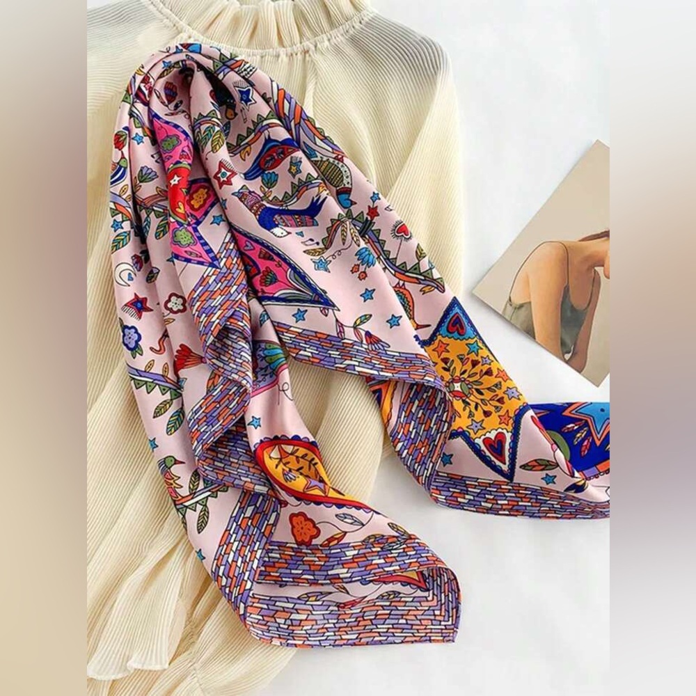 Boho Square Scarf – Pink Floral & Bird Print – Lightweight Chic Wrap – NWT - Picture 6 of 9